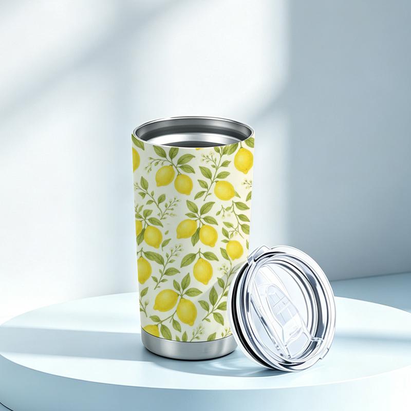 Car Tumbler 591ml(1 Random Straw Included)Lemon Leaf MotifStraight Travel Mug Commuter Cup Vacuum Insulated Cup