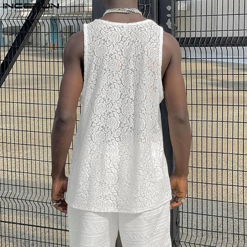 INCERUN Summer Men Sleeveless Lace See Through Mesh Sheer Loose Tank Tops