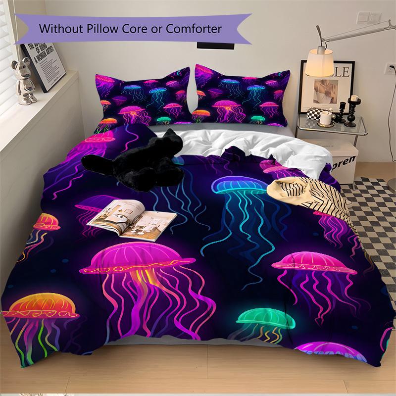 3pcs Jellyfish, Neon Print Bedding Set, Ideal for Home Use, Suitable for Bedroom Decor (1*Duvet Cover + 1/2*Pillowcases, No Core) yy250821180