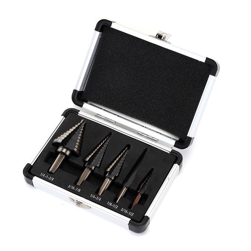 5-Piece Hole Expansion Pagoda Drill Bit Set for Steel Plate Punching with Yellow Triangle Ladder Drill In Aluminum Box.