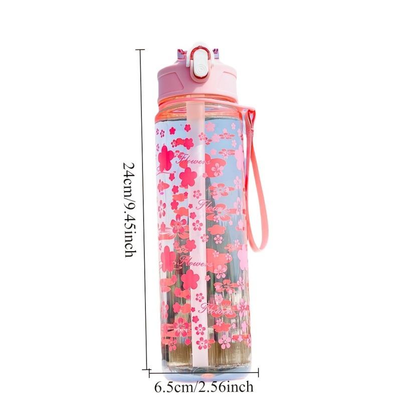 800ML Kreativer Kirschblüten-Weltraumbecher Tragbar Pop-Up-Deckel Transparent Plastikstrohhalm Wasserflasche Auslaufsicheres Trinkgeschirr Wasserbecher