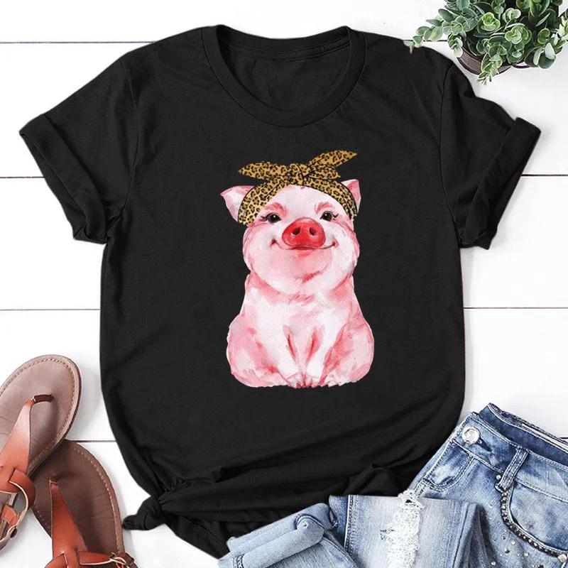 Cute Pig Print T-shirts For Women Summer Lovely Short Sleeve Casual Round Neck T-shirts Ladies Creative Personalized Tops