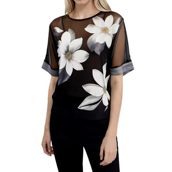 

Women Tops Round Neck Short Sleeve Perspective Shirt Loose Fit Flower Print Chiffon Summer T-shirt Work Party Vacation Daily Wear XL чёрный