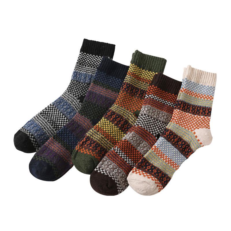 5/10 párů Podzimní Zimní Ponožky do Poloviny Lýtka Zesílené Teplé Ponožky z Králičí Vlny Retro Etnický Styl Ponožky z Bavlny s Květinovým Vzorem pro Muže Pohodlné