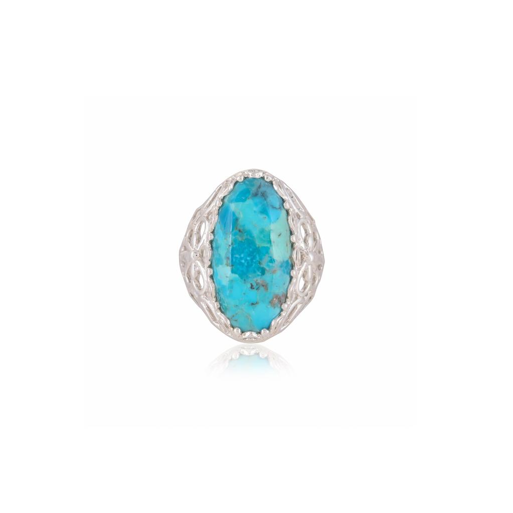 Türkisfarbener Statement-Ring – Florales Filigran 925 Sterlingsilber Handgefertigt Vintage-Ring – Natürlicher Edelsteinschmuck für Frauen