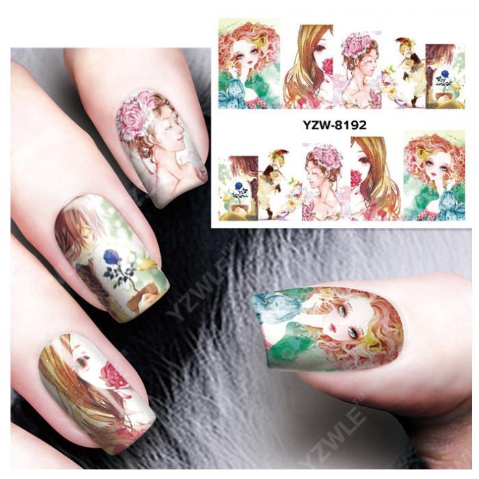 1 Sheet Fashion Women Design Water Transfer Nail Sticker Decal Nail Decorations Painting Portrait Flowers