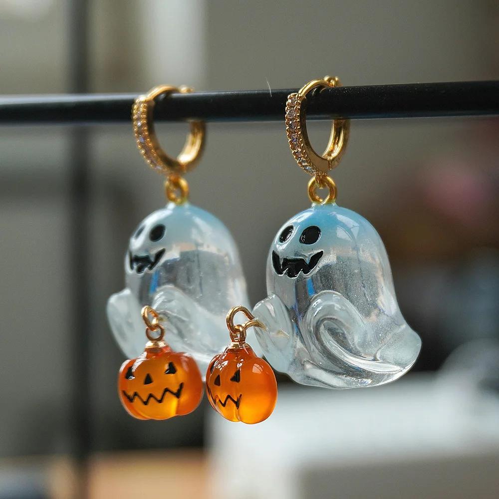Charming Halloween Ghost Pumpkin Hoop Earrings Cute Rabbit Pumpkin Resin Drop Earrings Halloween Jewelry For Women