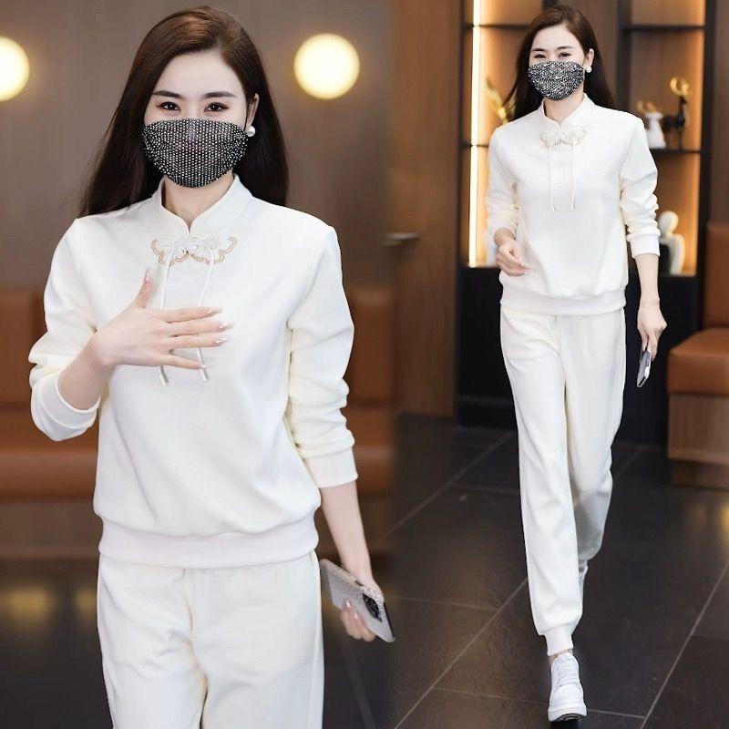 Chinesischer Lässiger Sportanzug für Damen, Mode für Frühling und Herbst, Sweatshirt mit nationalem Schnallenverschluss, Zweiteiliges Set mit Leggings und Hosen