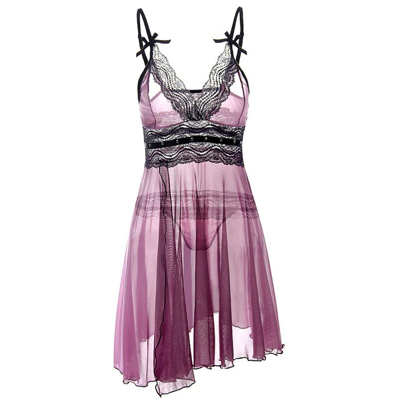 Womens Plus Size Sexy V-neck Lace Sleepwear Lingerie Dress with G-String