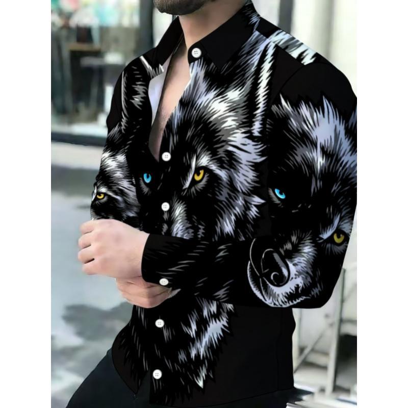 Men's Printed Long Sleeve Button Down Shirts Turn Collar Nightclub Casual Camisas Hombre Plus Size Streetwear Fashion Top