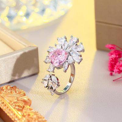 CMM Jewelry Bohemian-Stil, rosa Blume, große Zirkon-Öffnung, verstellbarer geometrischer Ring