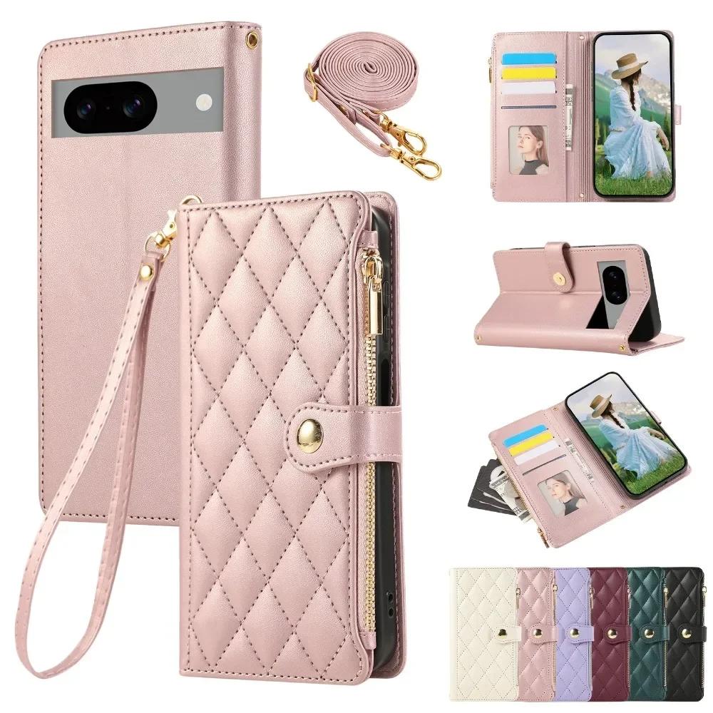 Crossbody Zipper Wallet with Card Holder Phone Case for Google Pixel 6 7 8 9 Pro 6A 7A 8A Wrist Strap Leather Preserve Cover