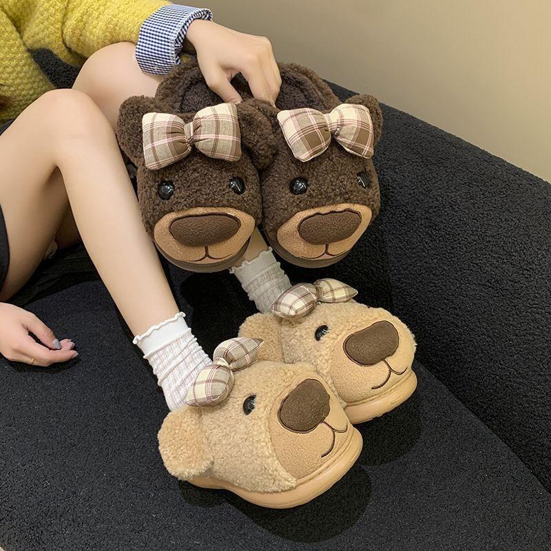 Cartoon cute fluffy slippers women wear autumn and winter new fashion thick-bottomed warm bag head cotton slippers women
