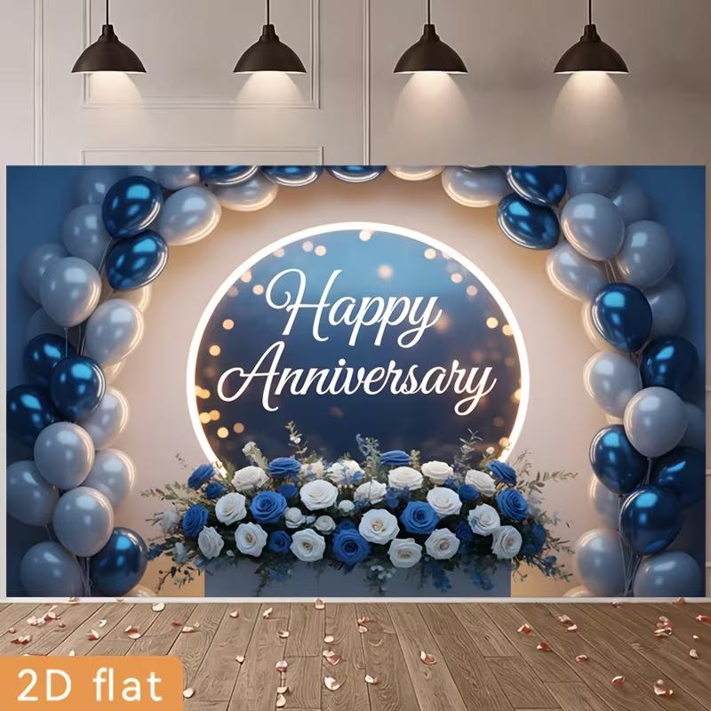 2D Elegant Blue Silver Happy Anniversary Backdrop Balloon and Flower Party Background