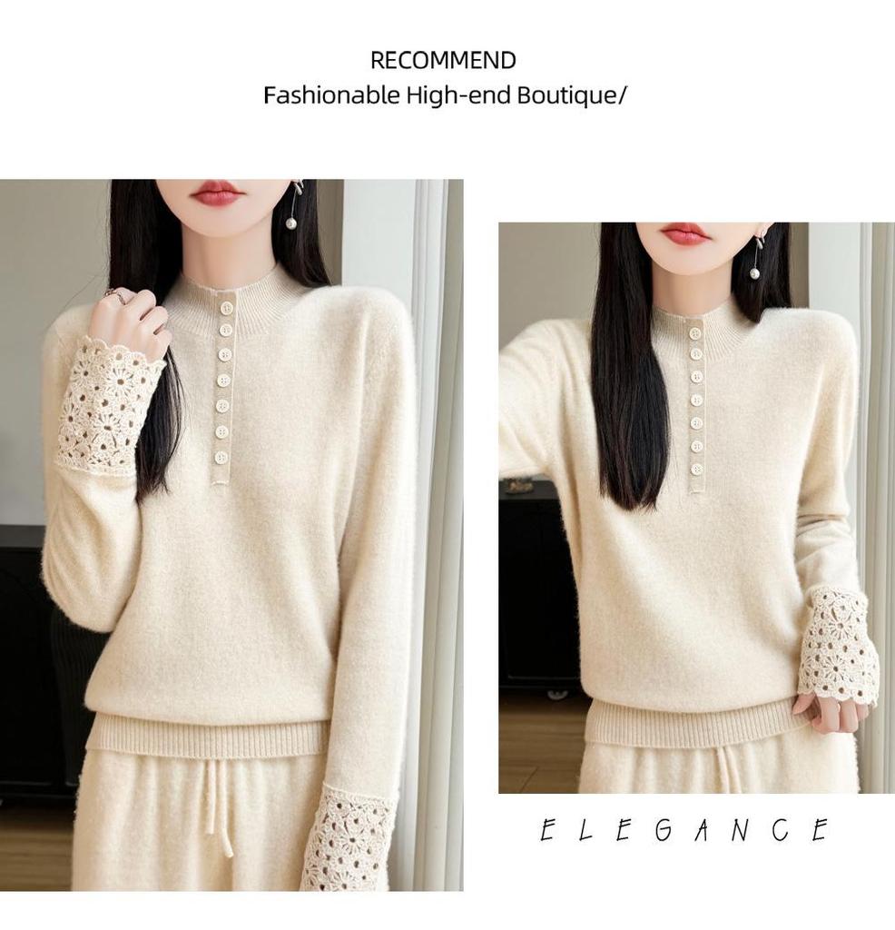 2025 Korean Style Women's Heavy Knit Wool Sweater: Versatile Hollow-Out, Half-High Neck, Slimming Base Layer
