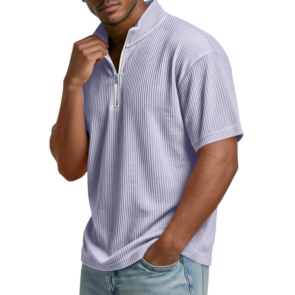 Top Pulóver Casual para Hombre de Manga Corta con Cremallera Media y Tejido de Canalé, Cuello Alto, Textura Suave, Corte Relajado, Camisa para Uso Diario