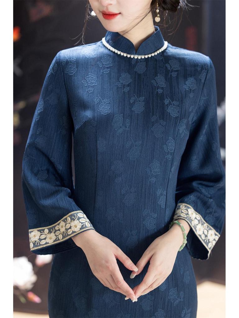 2025 High-End Blue Cheongsam Dress: Large Sleeve Autumn Edition for Young Women