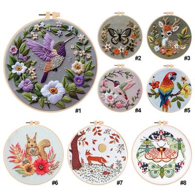 Cute Animal Handmade Embroidery Kit with Pattern Cotton Threads Needles Hoop Handmade Sewing Art Craft Kit for Mom Grandma