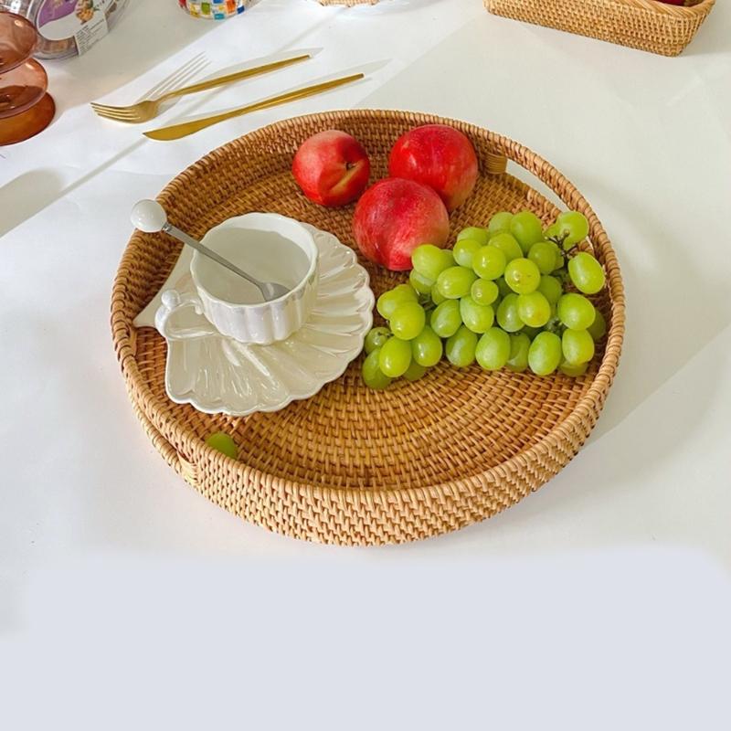 Multipurpose Handcrafted Fruit Rattan Tray Round Wicker Designs with Convenient Handles Convenient for Kitchen Use
