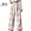 Soft Fluffy Home Pants Women Plaid Wide Leg Pants, Drawstring High Waist Thick Coral Fleece Retro Warm Loungewear, Anti-Pilling Casual Pajama Bottoms