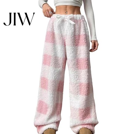 Soft Fluffy Home Pants Women Plaid Wide Leg Pants, Drawstring High Waist Thick Coral Fleece Retro Warm Loungewear, Anti-Pilling Casual Pajama Bottoms