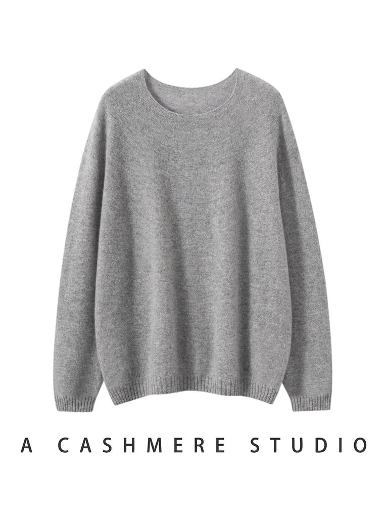 Women's Round Neck Versatile Cashmere Sweater - Solid Color, Long Sleeve, Fashionable Lazy Style for Spring, Autumn, and Winter