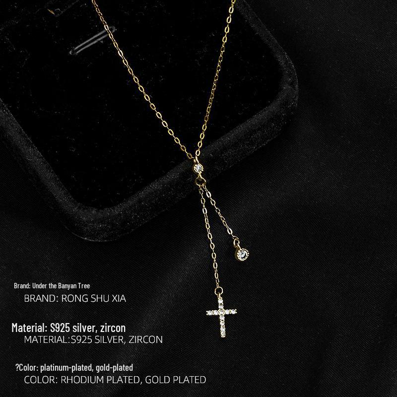 Banyan Tree S925 Silver Cross Clavicle Necklace with Tassel - 2022 Autumn/Winter Fashion Trend