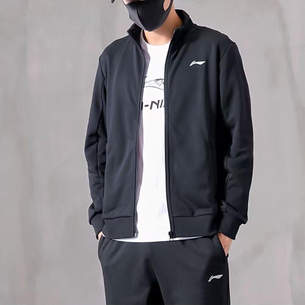 Li Ning Solid Color Brand Logo Knitted Casual Sports Suit Men suits Black AWDT959-1+AKLT647-1