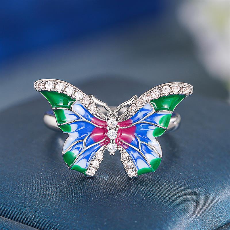 Huitan Fresh Style Women Ring Colorful Enamel Butterfly Inlaid Brilliant CZ Animal Accessories for Party Daily Trendy Jewelry