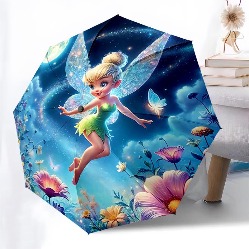 Reiseregschirm im Tinkerbell-Design - 8 Rippen, Automatisches Öffnen und Schließen, Tragbares FaltDesign, Kompakter und Stilvoller Regenschirm
