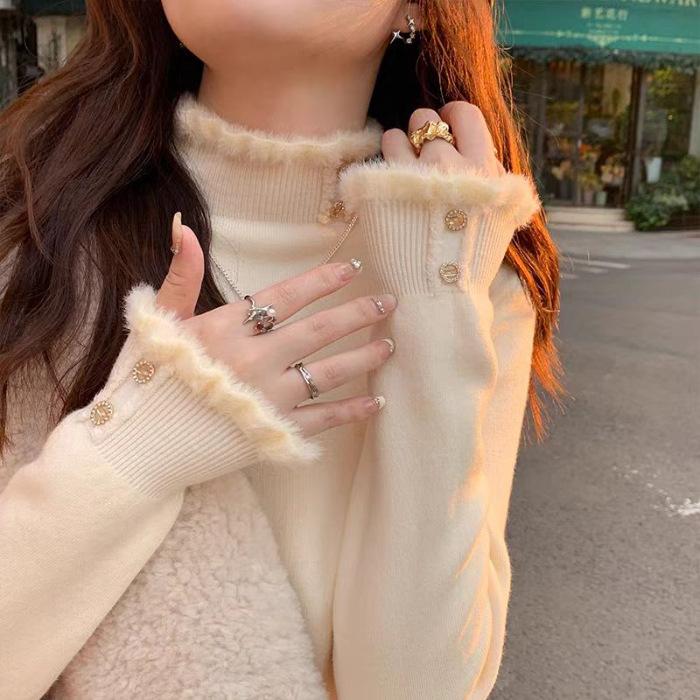 Women Fleece Sweater, Thickened One-piece Fleece Inner Layer, Half-turtle Collar Bottoming Shirt, Pullover, Stylish Knitted Warm Top
