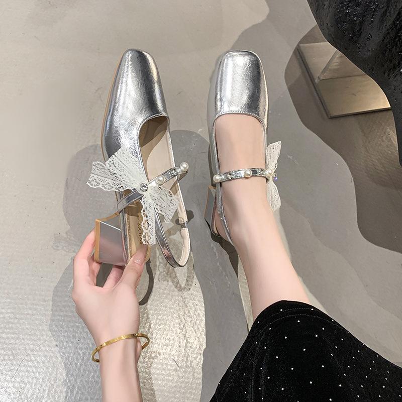 Premium Thick High Heel Silver Single Summer New with Skirt Mary Jane Shoes Are Not Tired of Feet Bag Head Sandals Women