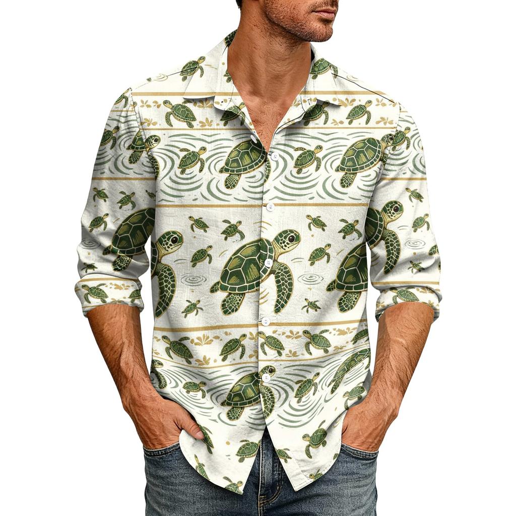 Men's Loose Fit Long Sleeve Shirt Hawaiian Style Retro Casual Button Down Collar Shirt Suitable for Spring and Autumn Wear