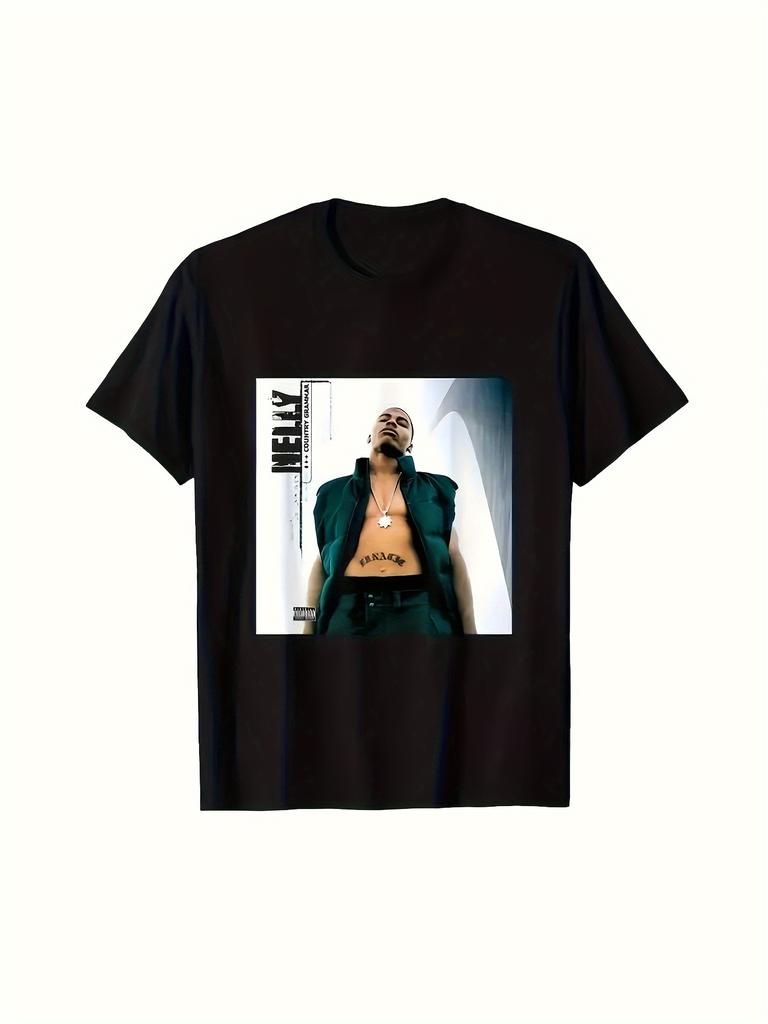 Men's Nelly Country Grammar Album Cover T-Shirt - Black Short Sleeve Round Neck Casual Tee with Vibrant Digital Print
