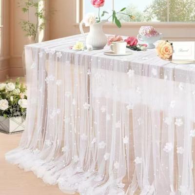 Elegant Flower Pearl Tablecloth Pearl Embellishments Romantic Table Runner Semi-Transparent Decorative Wedding Table Runner