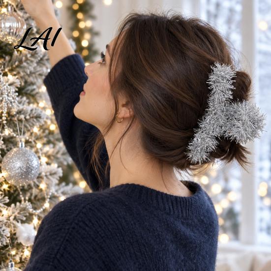 Holiday Hair Accessories for Christmas Party Shiny Tinsel Claw Clip Women Festive Updo Shark Clip Themed Pins Elegant Accessory Thick And