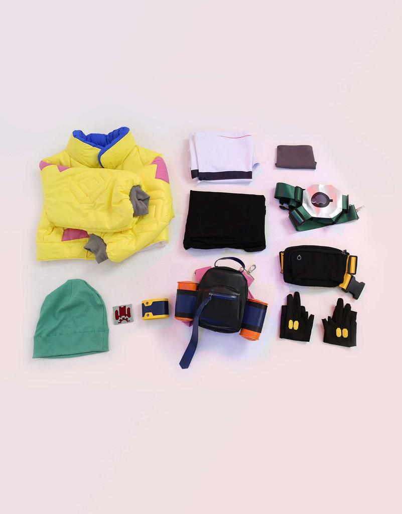 [Miccostumes] Women's Adult Girl Anime Game Cosplay Costume Costume Set Cute Cool Moe Yellow Cotton Padded Green Hat Shirt Black Jeans Fancy Dress