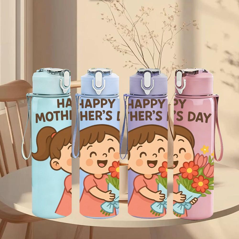 1PC Happy Mothers Day Girl Flower Print 750ml Color Plastic Sports Water Bottle Leakproof Flip Straw Lid Suitable for Sports Office Home Use