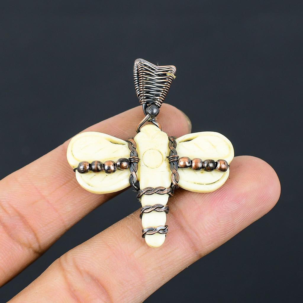 Honey Bee Bone Carving Handmade Copper Wire Wrap Pendant 1.97" A3v33