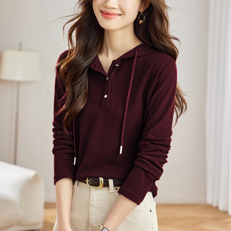 Latest Spring Hooded Long-sleeved T-shirt for Women Relaxed Fit Slim Hooded Hooded Trendyable Age-reducing Top for Women