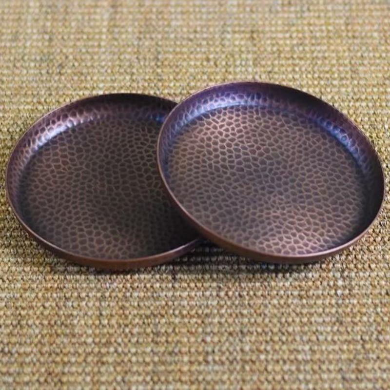 Round Shape Copper Fruit Tray,Retro Engraving Hammer Texture Household Portable Food Plate,Snack Plate Table Wedding Decoration