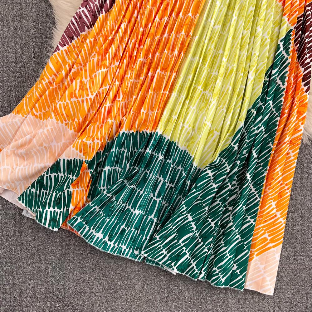 Ladies Fashion Set Crew Neck Slim Short Top Two Piece High Waist Printed A-Line Pleated Skirt