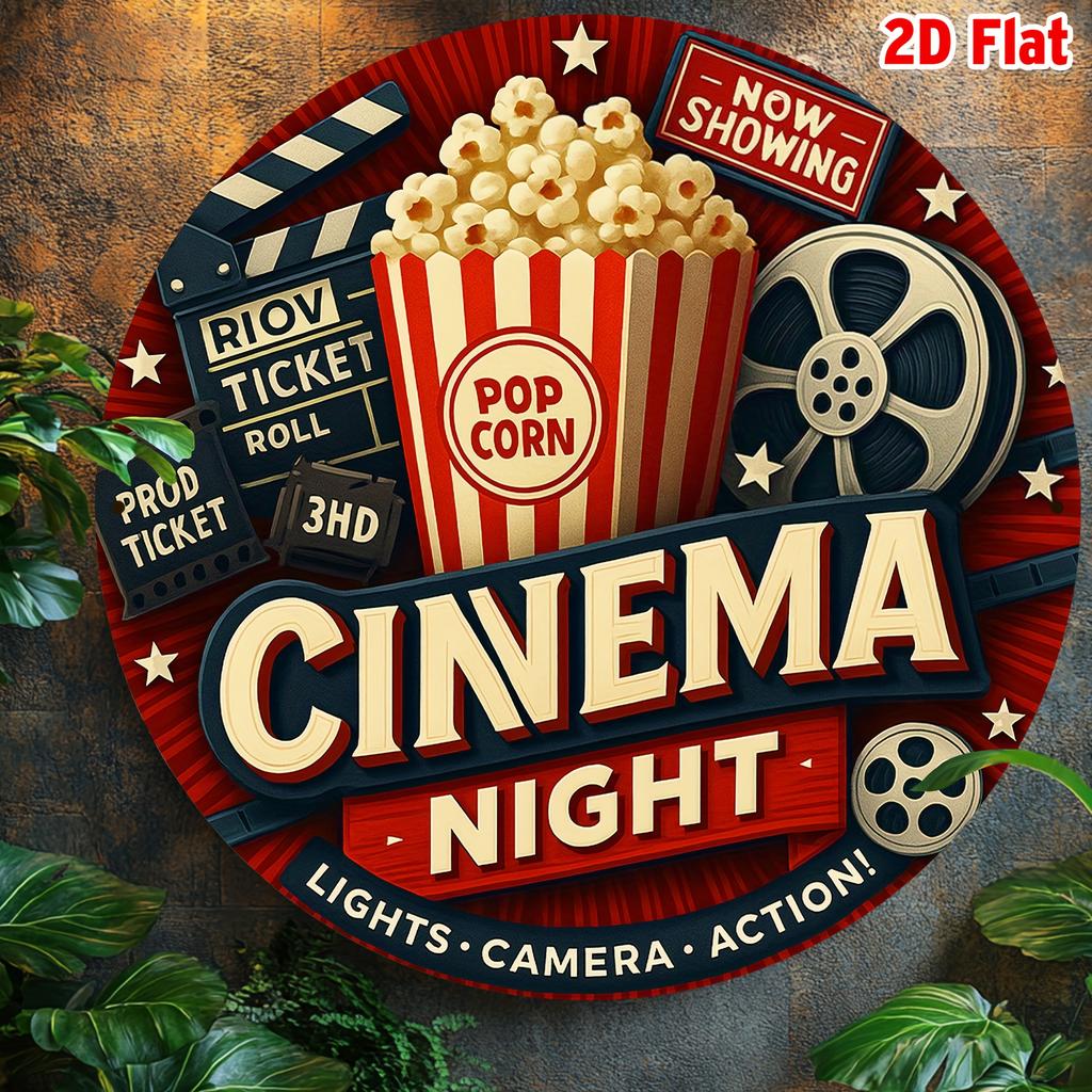 D Metal Sign Cinema Night Vintage Movie Theater Popcorn Neon Style Retro Tin Sign Lights Camera Action Wall Art for Home Garage