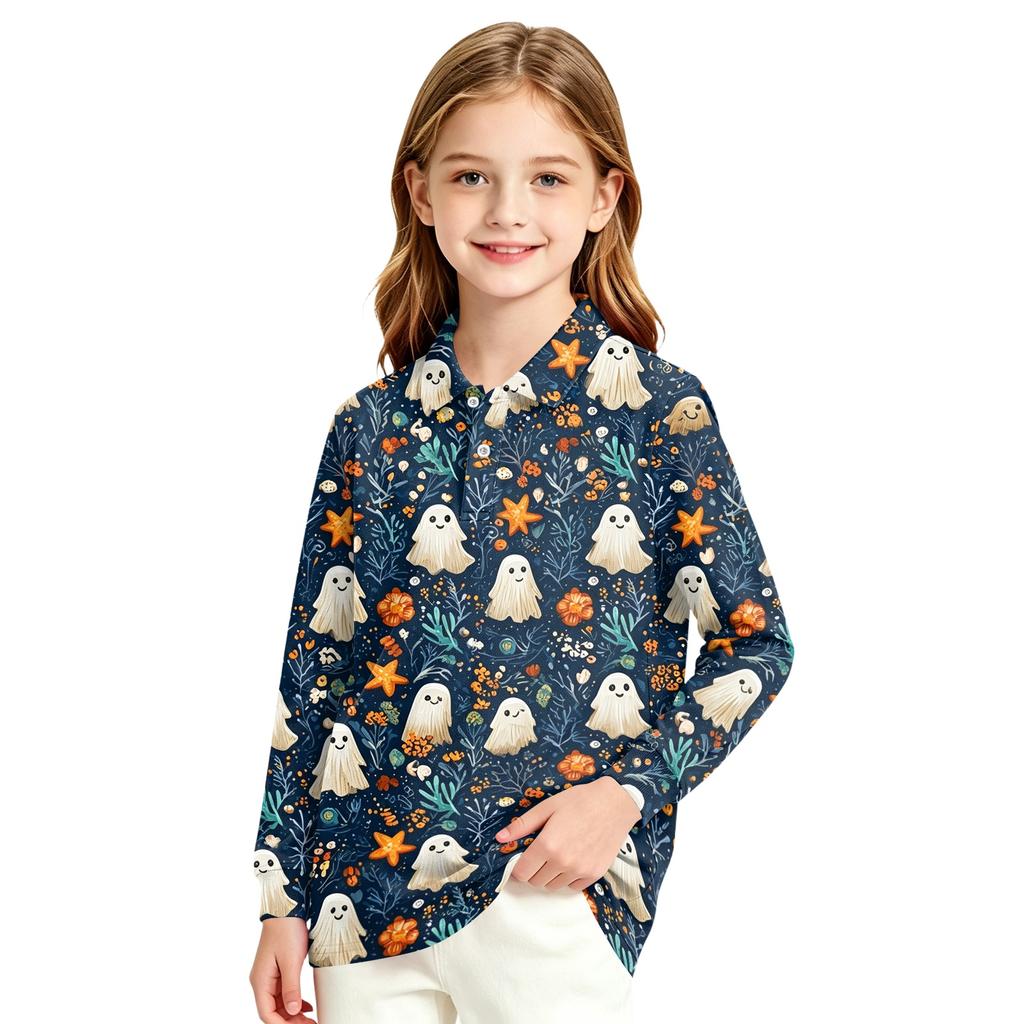 Girls School Uniform Long Sleeve Top with Halloween Print