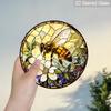 2D Flat Stained Glass Vintage Bee Window Decoration, 7.87inches Bee Flower Design Colored Glass Plate with Chain, Charming Spring Summer Sun Catcher
