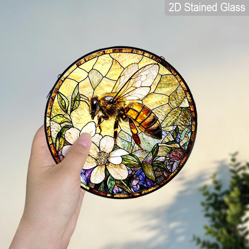 2D Flat Stained Glass Vintage Bee Window Decoration, 7.87inches Bee Flower Design Colored Glass Plate with Chain, Charming Spring Summer Sun Catcher
