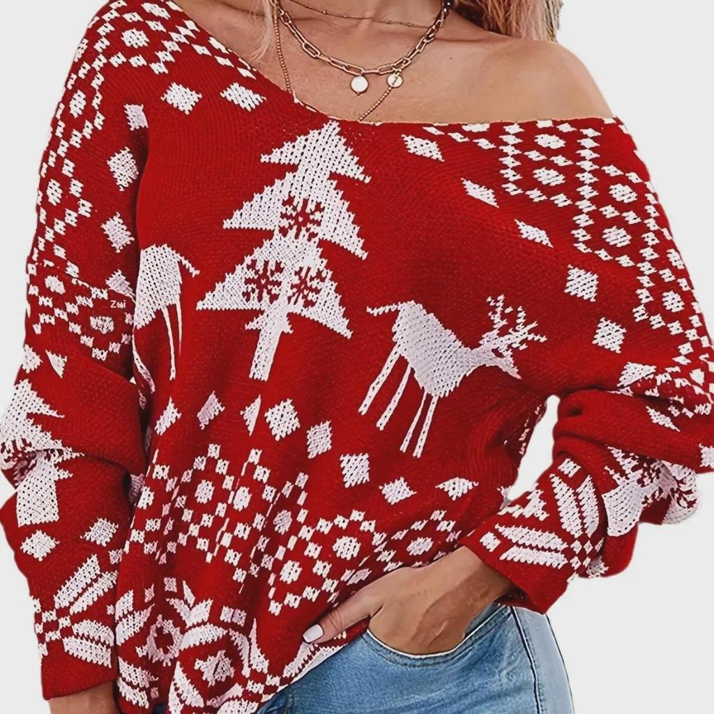 Women's Wool Christmas Snowflake V-Neck Cardigan - Double-Sided, Irregular, Backless, Off-Shoulder, Long-Sleeved Sweater