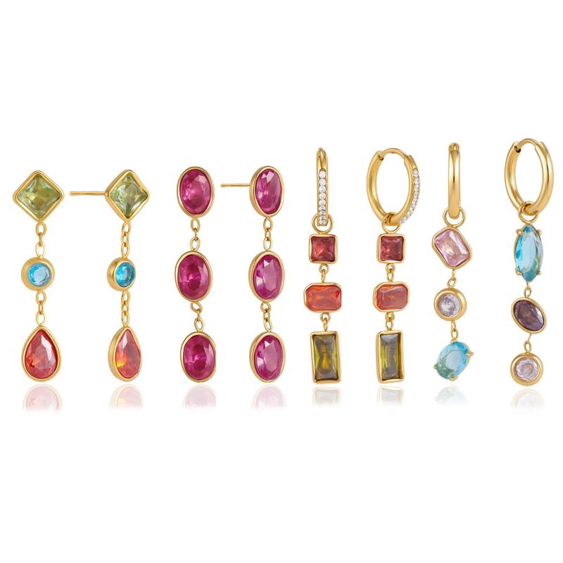Elegant Multicolor Geometric Zircon Drop Earrings For Women Gold Plated Stainless Steel Earrings Fashion Jewelry Gift