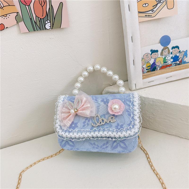 Stylish Lace Princess Mini Pearl Handheld Purse For Girls With Floral Patterns And Breathable Polyester