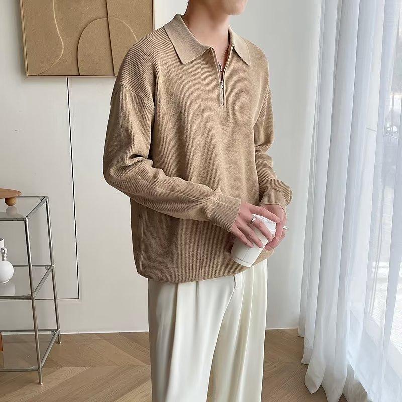 

Korean version trendy zipper sweater men s lapel Korean version trendy casual long-sleeved solid color knitted sweater top jacket XXXL хакі